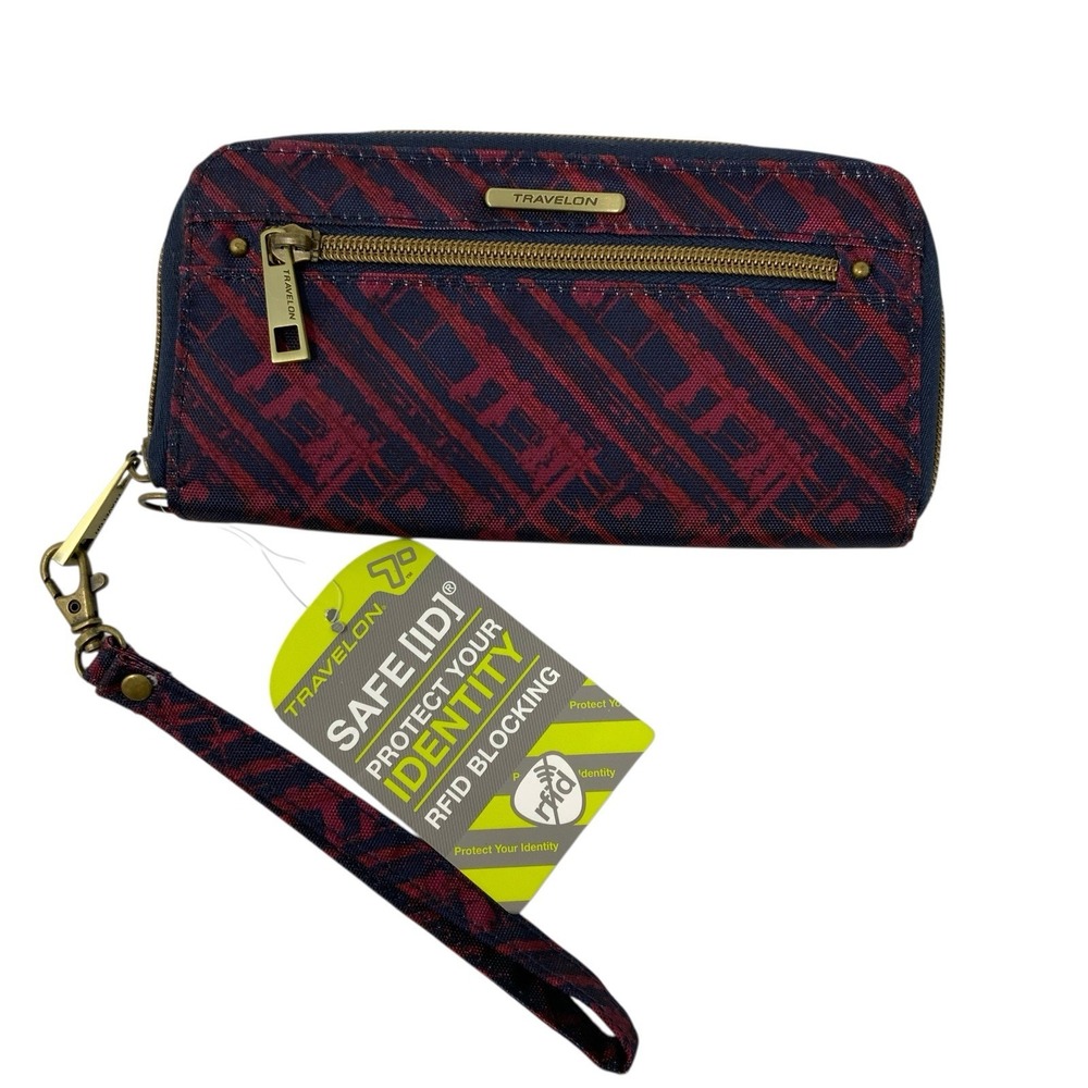 Travelon Wallet RFID Blocking‎ Clutch Wristlet Red & Blue Art Pattern Zip Around